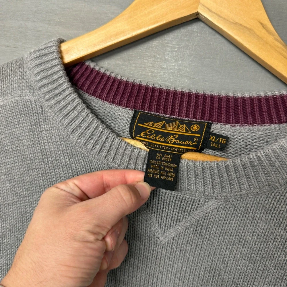 Eddie Bauer Vintage Sweater Grey Crewneck Cotton Knit Tall XL Tall - Picture 3 of 6